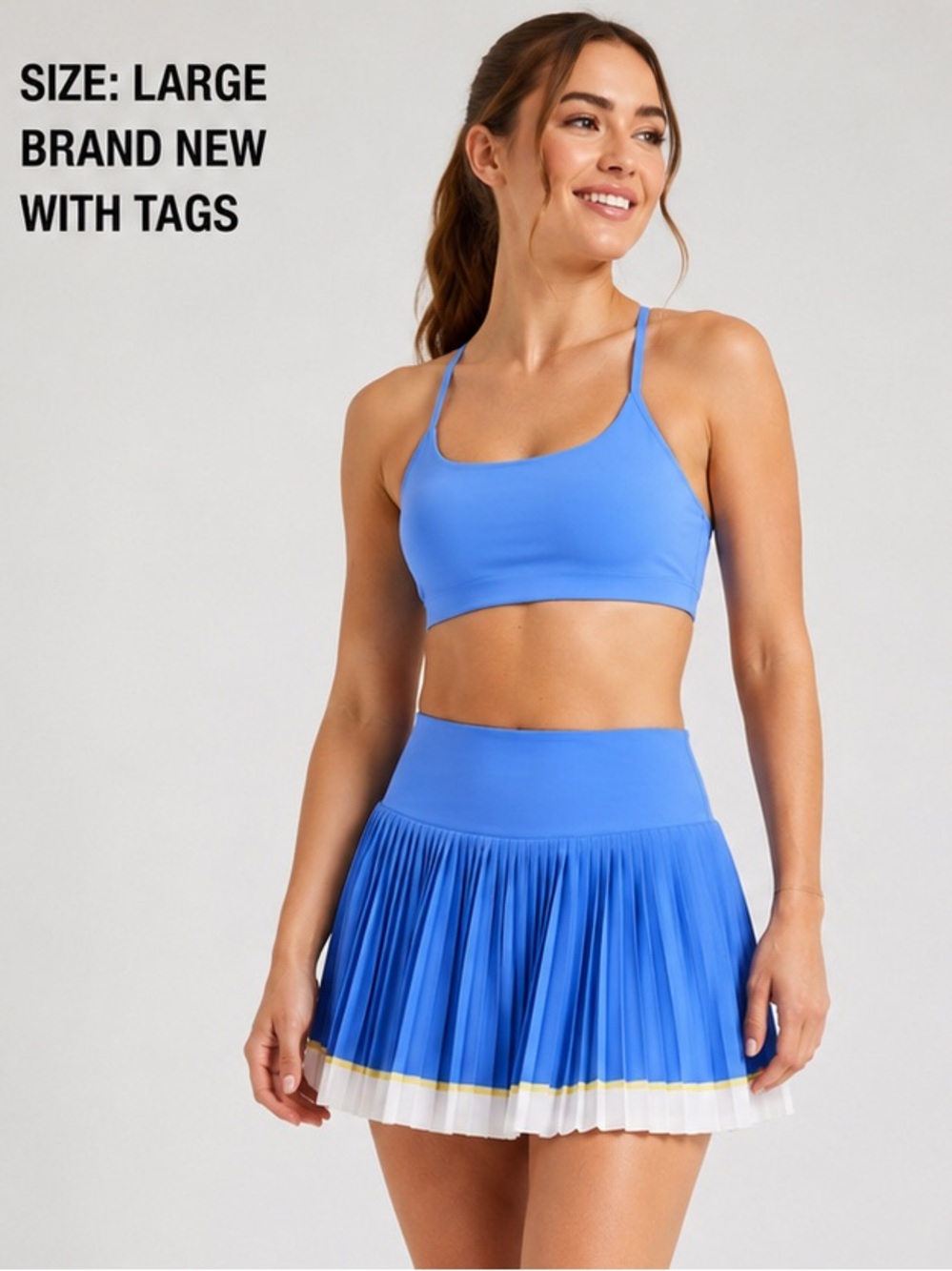 Blue Woven Pleated Cheer Skirt w Built in Shorts & Matching Sports Bra Set NWT L